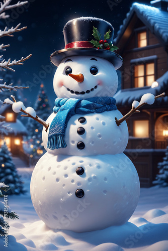 Snowman with winter landscape and snow high quality background


