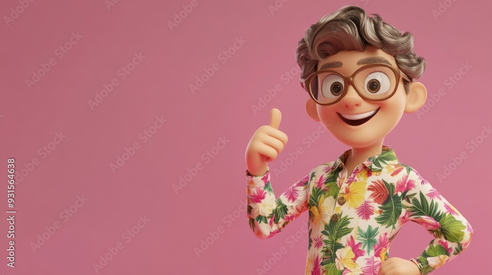 3D Cartoon of Charming Character in Floral Palm Patterned Long Sleeve Shirt Giving a Thumbs Up 3D Cartoon of Charming Character in Floral Palm Patterned Long Sleeve Shirt Giving a Thumbs Up