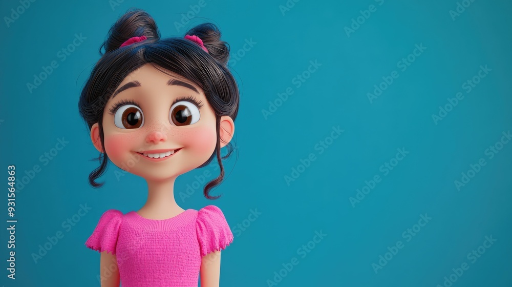 3D Cartoon Portrait of a Happy Young Girl in a Pink Dress Against a Blue Background 3D Cartoon Portrait of a Happy Young Girl in a Pink Dress Against a Blue Background