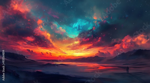 A Solitary Figure Gazing at a Vibrant, Starry Sunset Over a Mountain Range