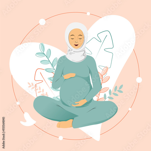 Muslim pregnant woman in hijab meditating in a lotus position on peach floral background