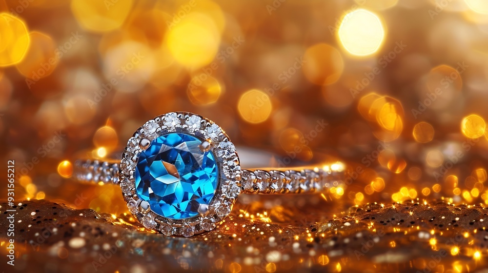 beautiful ring with big blue topaz and diamonds on golden jewelry background : Generative AI beautiful ring with big blue topaz and diamonds on golden jewelry background : Generative AI