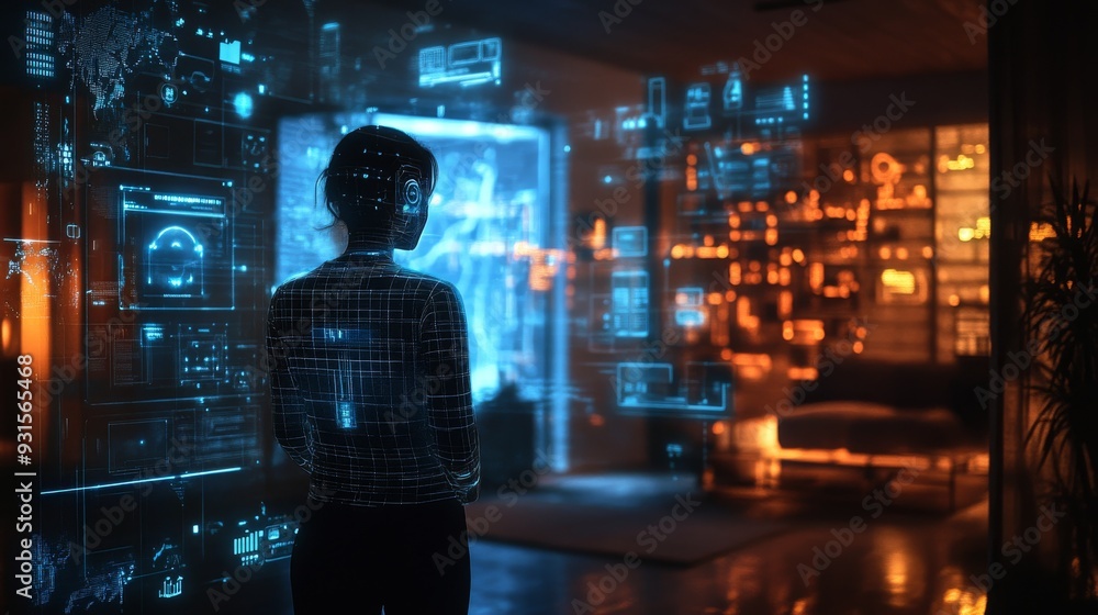 Glowing Virtual Assistant: A person interacting with a glowing, holographic virtual assistant in a futuristic home. Glowing Virtual Assistant: A person interacting with a glowing, holographic virtual assistant in a futuristic home.