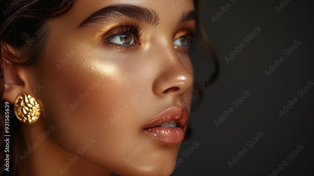 Beautiful Woman Profile Portrait with Golden Earring Bob Hair Style over dark Brown Beauty Model Face with perfect Nose and Full Lips Make up side view Sexy Girl Glamour Portrait : Generative AI Beautiful Woman Profile Portrait with Golden Earring Bob Hair Style over dark Brown Beauty Model Face with perfect Nose and Full Lips Make up side view Sexy Girl Glamour Portrait : Generative AI
