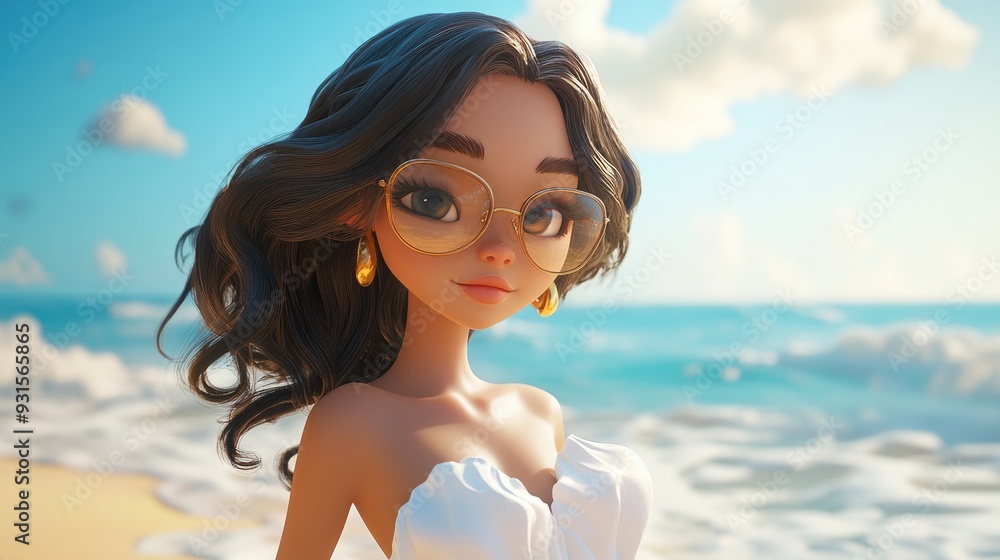 3D Cartoon of Trendy Girl in Sunglasses Wearing a White Dress Having Fun on the Sandy Beach by the Sea 3D Cartoon of Trendy Girl in Sunglasses Wearing a White Dress Having Fun on the Sandy Beach by the Sea