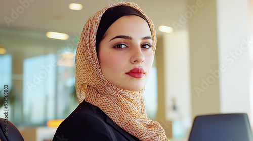 portrait of a confident young middle-eastern woman in black formal suit, female recepcionist photo