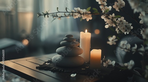 Tranquil Spa Setting Featuring Rocks and a Candle to Create a Relaxing Atmosphere, Ideal for Wellness Treatments and Rest in a Luxurious Health Club Environment photo