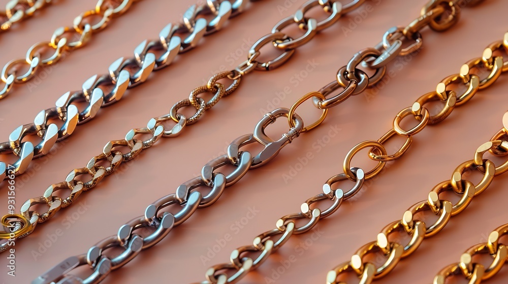 Metal chains and other different accessories on light brown background above view Luxury jewelry : Generative AI Metal chains and other different accessories on light brown background above view Luxury jewelry : Generative AI