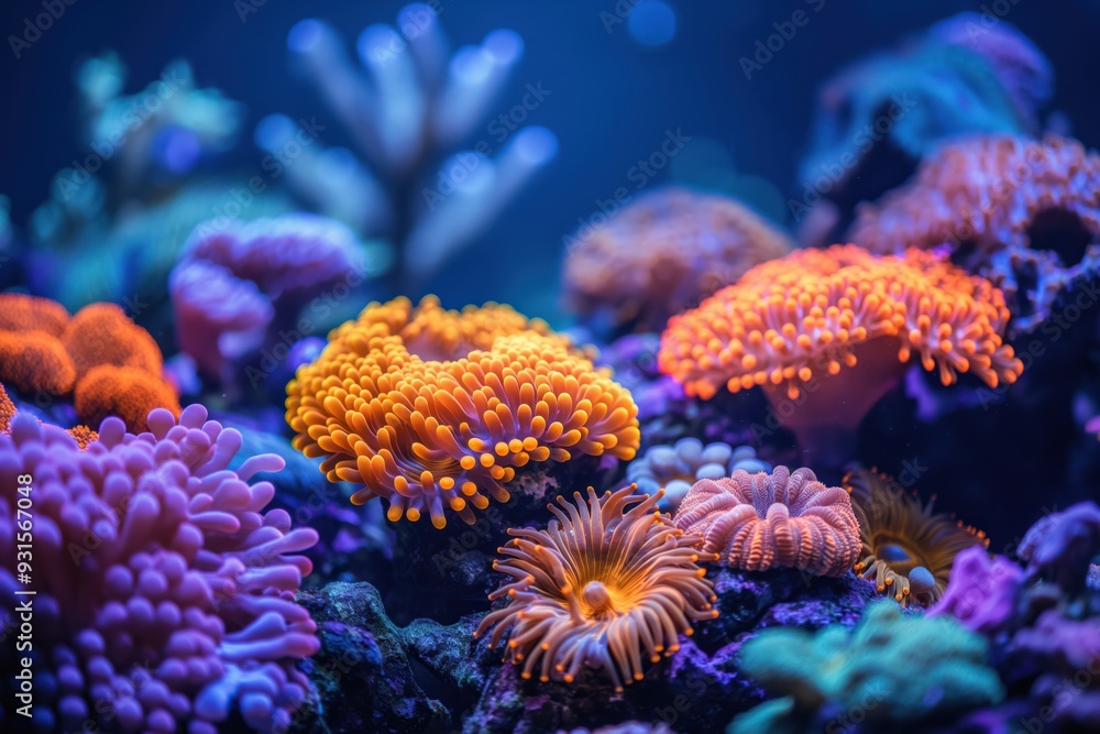 Fototapeta premium Vibrant coral reef ecosystem with colorful sea anemones under water