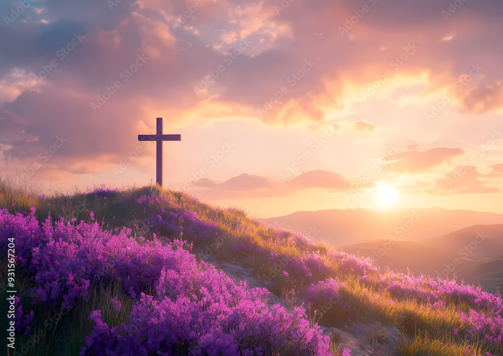 Cross atop a hill surrounded by purple flowers at sunset Cross atop a hill surrounded by purple flowers at sunset