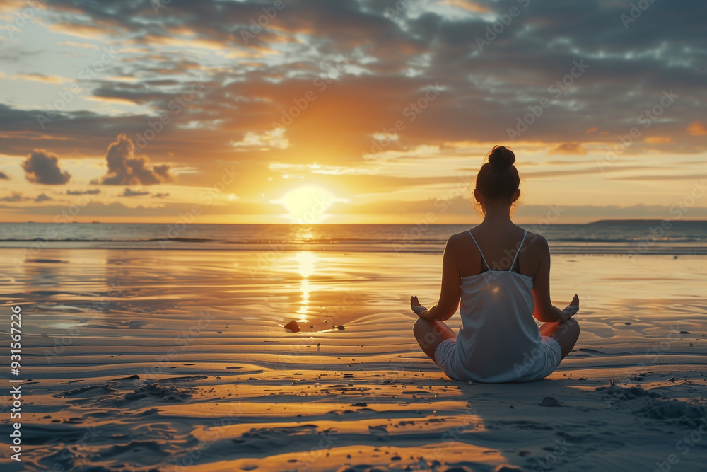 Back View of a Woman Practicing Yoga at Sunset on the Beach