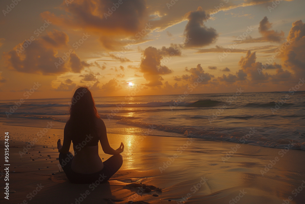 Back View of a Woman Practicing Yoga at Sunset on the Beach Back View of a Woman Practicing Yoga at Sunset on the Beach