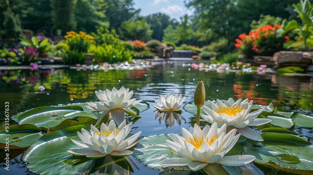 Very large white lilies in the pond Landscaping design Atlanta botanical garden Beautiful summer magic sunny landscape with pond trees and big flowers : Generative AI Very large white lilies in the pond Landscaping design Atlanta botanical garden Beautiful summer magic sunny landscape with pond trees and big flowers : Generative AI