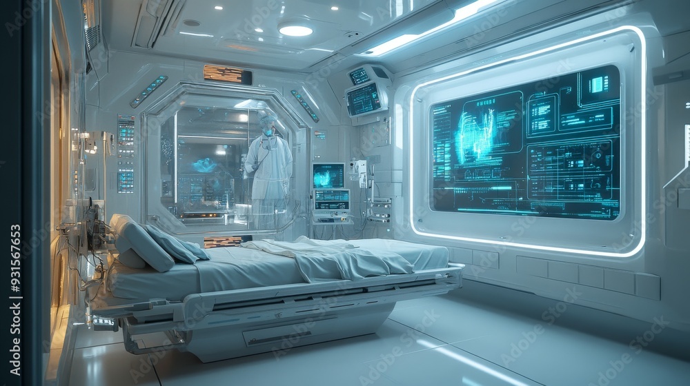 Futuristic Hospitals with AI-Driven Diagnostics: A hospital room where AI screens patient data in real-time, suggesting diagnoses to doctors. Futuristic Hospitals with AI-Driven Diagnostics: A hospital room where AI screens patient data in real-time, suggesting diagnoses to doctors.