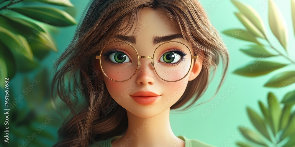 3D Cartoon Portrait of a Beautiful Brunette Girl with a Green Background 3D Cartoon Portrait of a Beautiful Brunette Girl with a Green Background