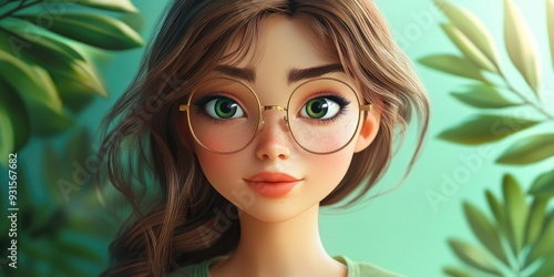 3D Cartoon Portrait of a Beautiful Brunette Girl with a Green Background