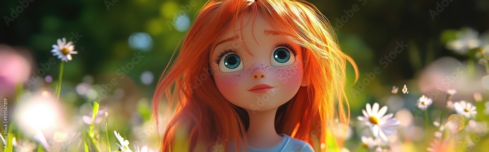 3D Cartoon Portrait of a Charming Red Haired Girl in Summer 3D Cartoon Portrait of a Charming Red Haired Girl in Summer