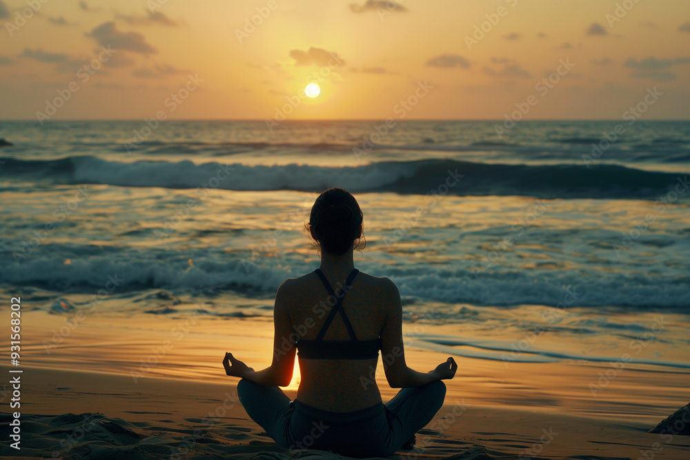 Back View of a Woman Practicing Yoga at Sunset on the Beach Back View of a Woman Practicing Yoga at Sunset on the Beach