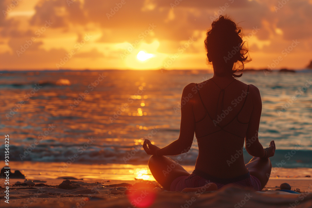 Back View of a Woman Practicing Yoga at Sunset on the Beach Back View of a Woman Practicing Yoga at Sunset on the Beach