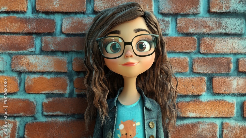 3D Cartoon of Stylish Young Girl in Front of Brick Wall 3D Cartoon of Stylish Young Girl in Front of Brick Wall