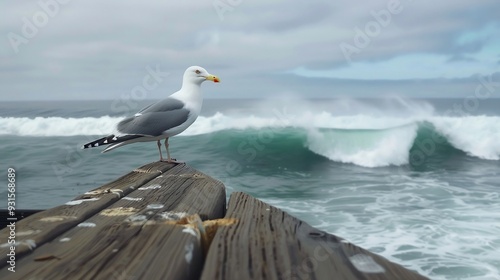 Seagull perched on a pier with the ocean waves crashing in the background photo