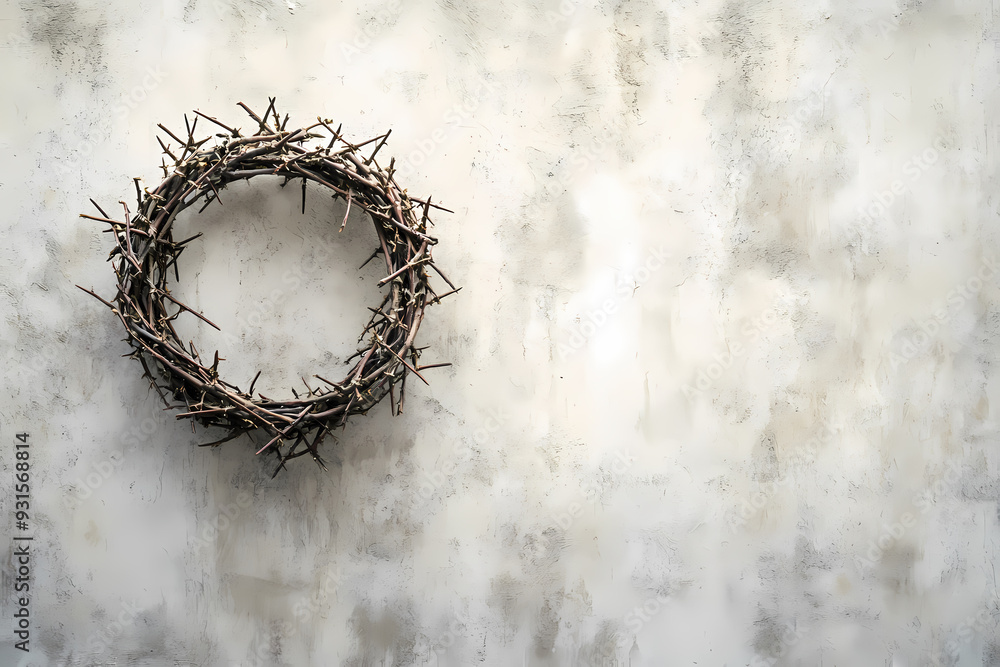 Crown of thorns on wall symbolizing Jesus' sacrifice and suffering Crown of thorns on wall symbolizing Jesus' sacrifice and suffering