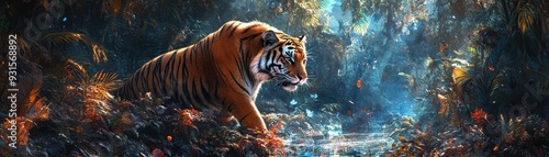 Wallpaper Mural A majestic tiger prowling through a vibrant forest, surrounded by lush greenery and shimmering sunlight reflecting off water. Torontodigital.ca