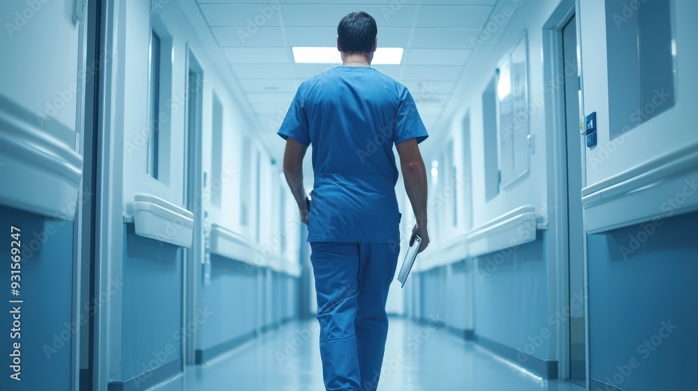 Man nurse walking in hospital hallway Man nurse walking in hospital hallway