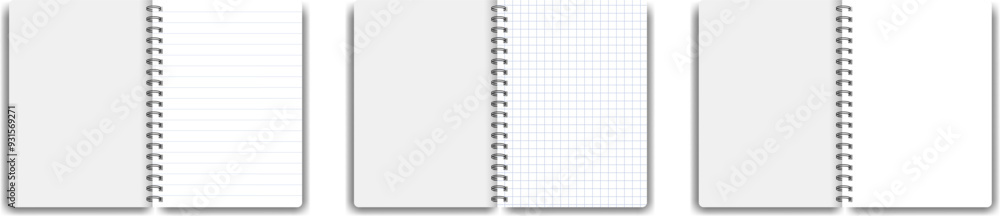 Set of blank lined, squared and empty notebooks. Blank notebook for homework and exercises. Vector pads paper with shadow on transparent background Set of blank lined, squared and empty notebooks. Blank notebook for homework and exercises. Vector pads paper with shadow on transparent background