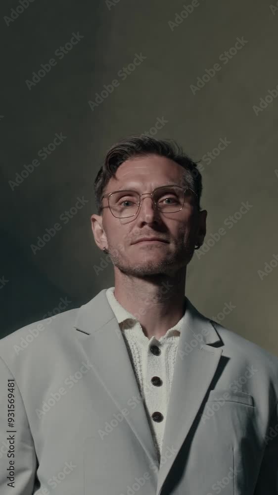 Vertical low angle portrait of famous Caucasian male celebrity in elegant grey suit posing for camera outdoors at night Vertical low angle portrait of famous Caucasian male celebrity in elegant grey suit posing for camera outdoors at night