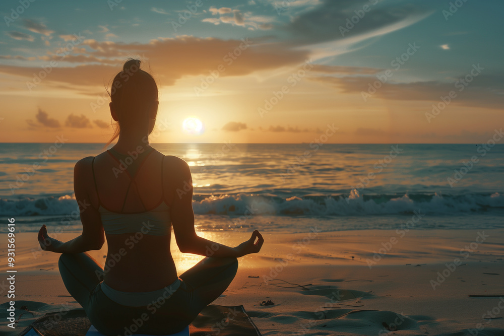 Back View of a Woman Practicing Yoga at Sunset on the Beach Back View of a Woman Practicing Yoga at Sunset on the Beach