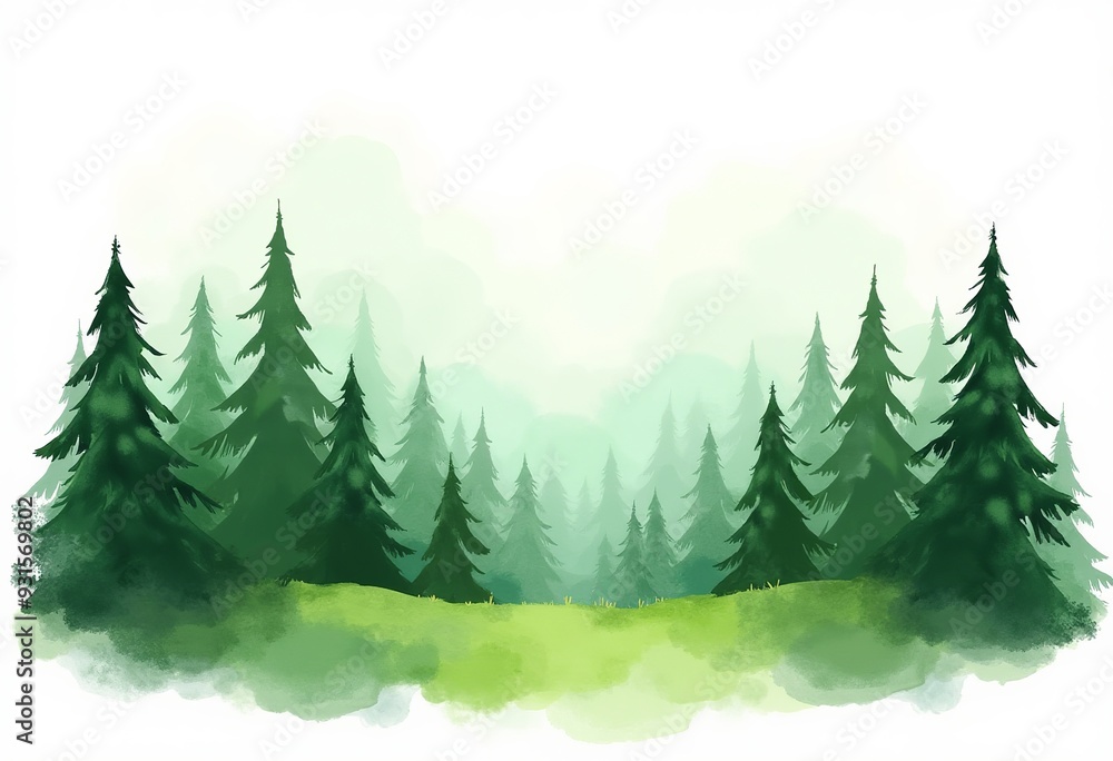 Fototapeta premium Digital Watercolor Forest Painting: Green Trees, White Background, Nature Wallpaper