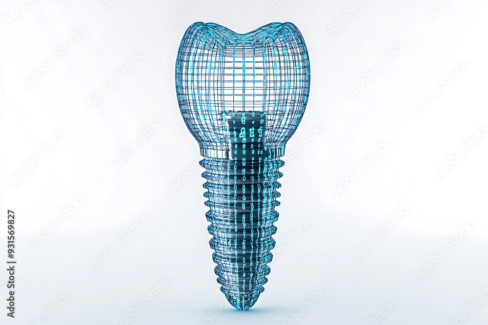 An isolated silhouette of a dental implant, intricately formed from binary code in a wireframe plexus style An isolated silhouette of a dental implant, intricately formed from binary code in a wireframe plexus style