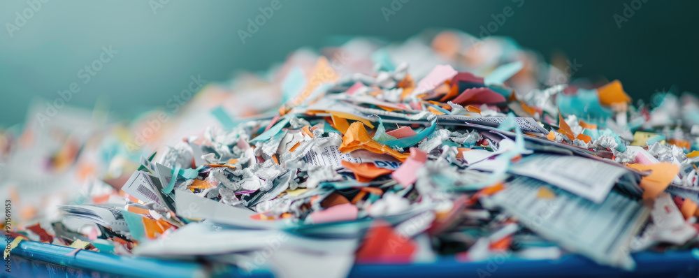 Colorful Shredded Paper Pile, a vibrant mix of torn paper scraps in various hues, scattered in a container, reflecting themes of recycling and waste management. Colorful Shredded Paper Pile, a vibrant mix of torn paper scraps in various hues, scattered in a container, reflecting themes of recycling and waste management.