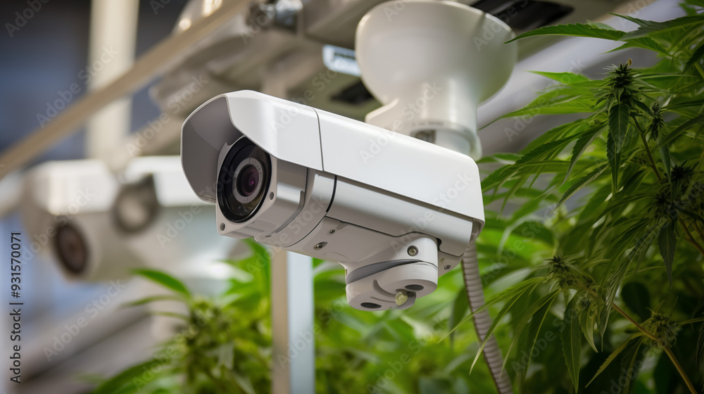 Modern Security Camera Overlooking Cannabis Plants in a Controlled Agricultural Environment Modern Security Camera Overlooking Cannabis Plants in a Controlled Agricultural Environment