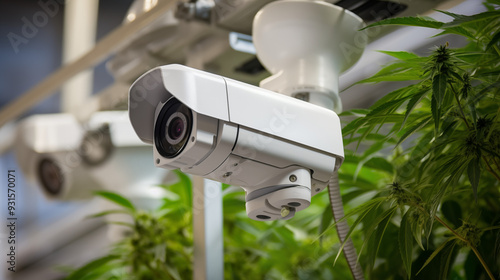 Modern Security Camera Overlooking Cannabis Plants in a Controlled Agricultural Environment