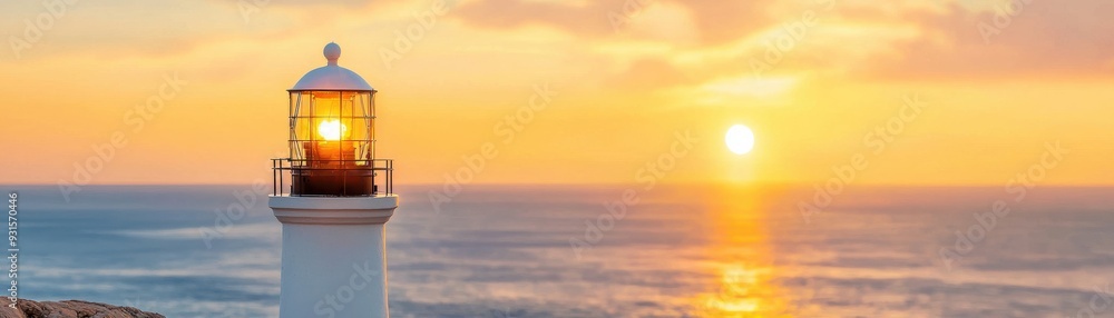 A tranquil sunset scene featuring a lighthouse standing tall against the vibrant colors of the sky and ocean horizon. A tranquil sunset scene featuring a lighthouse standing tall against the vibrant colors of the sky and ocean horizon.
