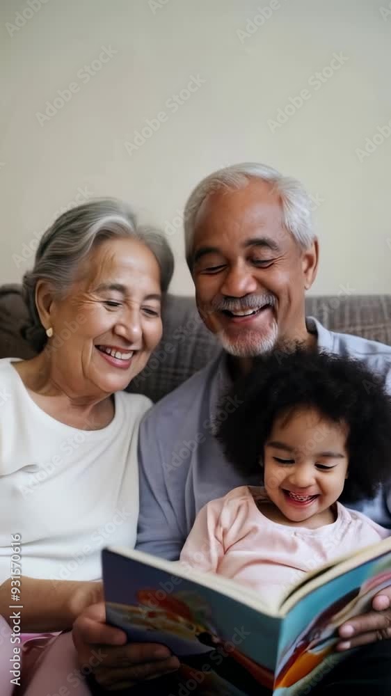Elderly couple sitting on a cozy sofa with their young grandson, reading a colorful storybook. Elderly couple sitting on a cozy sofa with their young grandson, reading a colorful storybook.