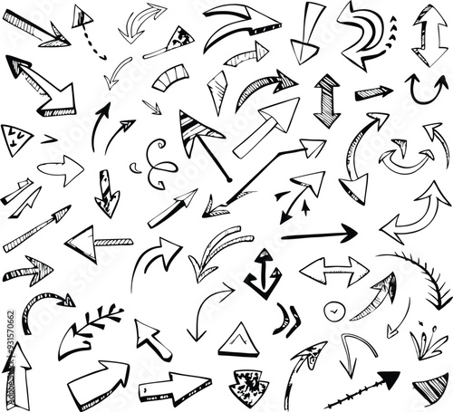 Doodle art arrow sign, vector drawing arrow icons set design 