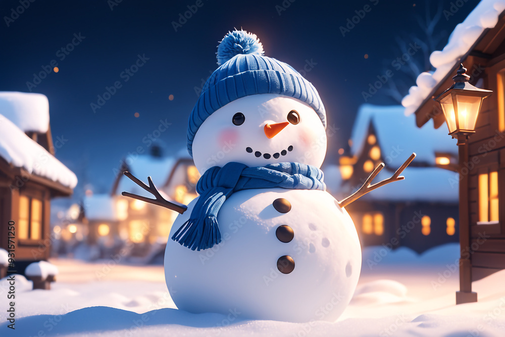 Obraz premium Snowman with winter landscape and snow high quality background 