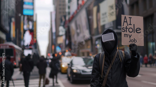 Wallpaper Mural Person in VR headset holding a sign saying "AI stole my job" in a city. Torontodigital.ca