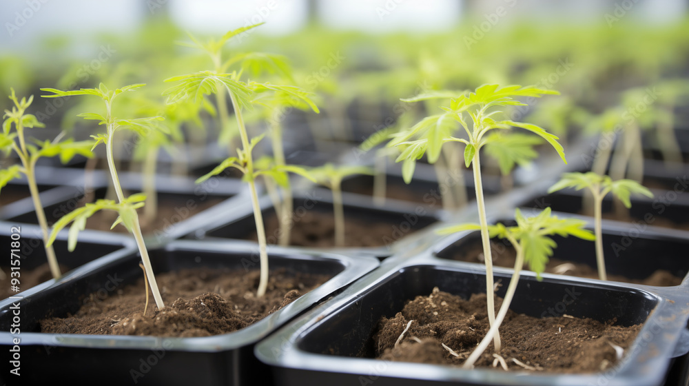 Cannabis Seedlings In Black Pots With Rich Soil In An Indoor Nursery ...