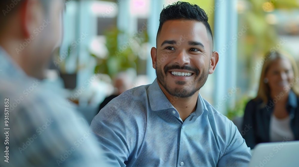 Young smiling professional latin business man working in corporate office with older executive manager using laptop technology having conversation on financial project strategy at work : Generative AI Young smiling professional latin business man working in corporate office with older executive manager using laptop technology having conversation on financial project strategy at work : Generative AI