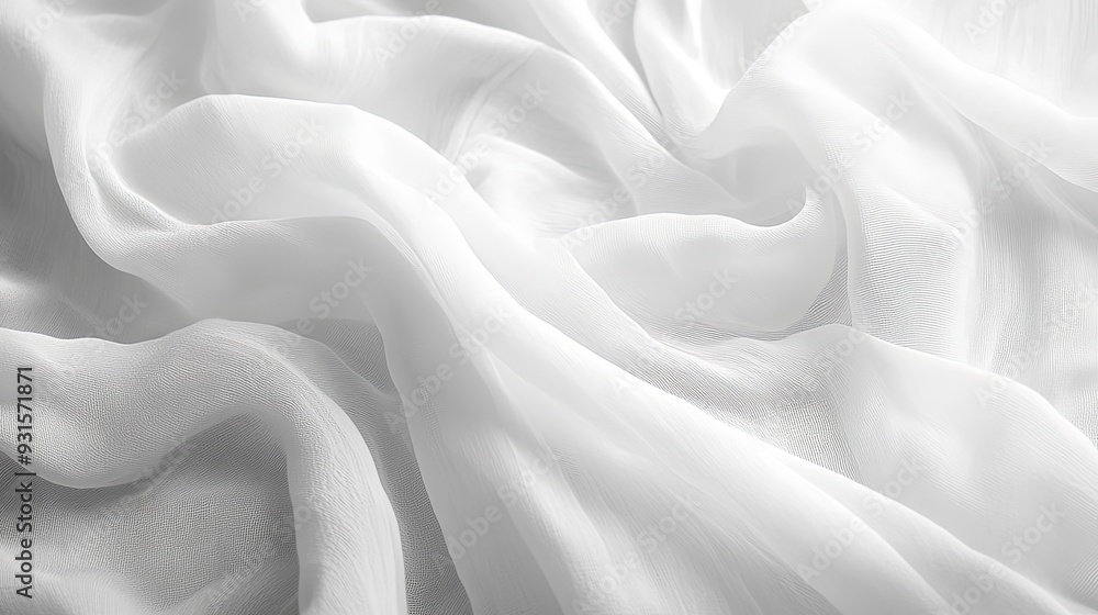Obraz premium Artistic close-up macro shot of white fabric, showcasing the intricate wrinkles and soft folds with gentle lighting for a sophisticated and elegant background.