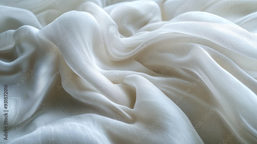 Obraz premium Close-up macro photograph of white fabric, focusing on the intricate wrinkles and soft folds with soft, diffused lighting for a calming and elegant background.