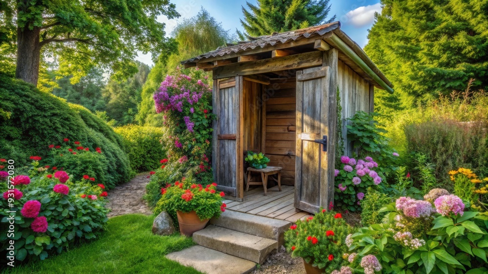Weathered wood and lush greenery create a secluded retreat, perfect for escaping the world and finding tranquility amidst the peaceful sounds of nature. Weathered wood and lush greenery create a secluded retreat, perfect for escaping the world and finding tranquility amidst the peaceful sounds of nature.