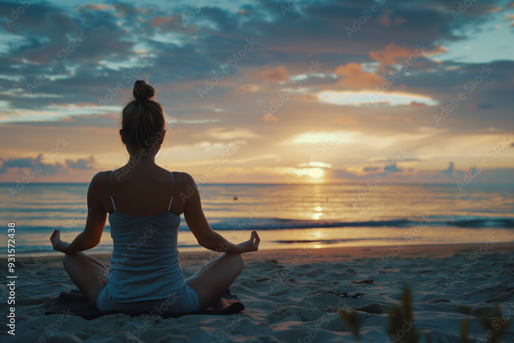 Back View of a Woman Practicing Yoga at Sunset on the Beach Back View of a Woman Practicing Yoga at Sunset on the Beach