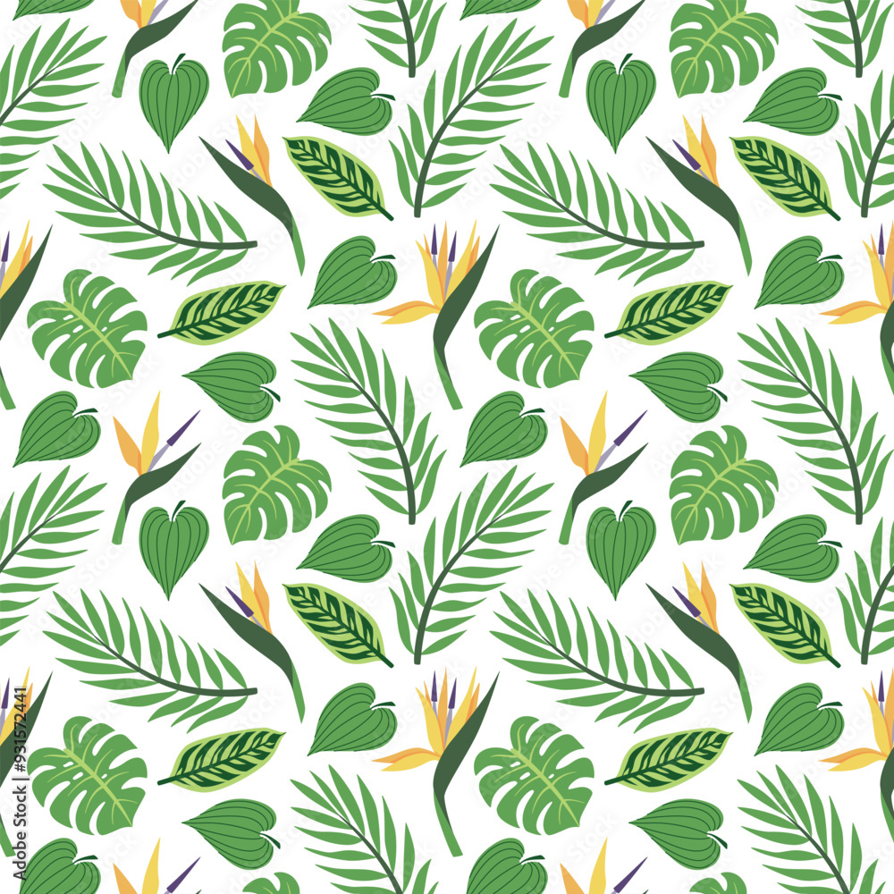 Exotic flowers and tropical leaves seamless pattern. Flat style vector illustrated background Exotic flowers and tropical leaves seamless pattern. Flat style vector illustrated background