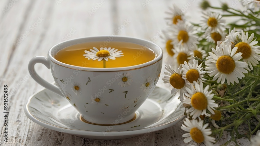 Chamomile tea in a cup, a bouquet of daisies nearby on a wooden table Chamomile tea in a cup, a bouquet of daisies nearby on a wooden table