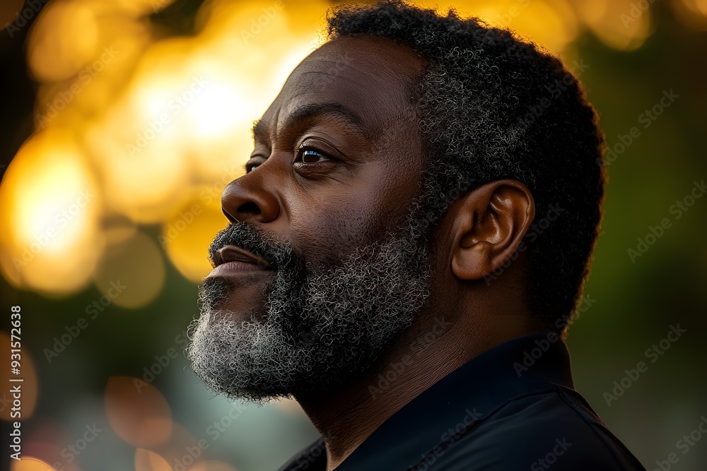 A distinguished Black man with a greying beard gazes thoughtfully into the distance, bathed in the warm glow of the setting sun. A distinguished Black man with a greying beard gazes thoughtfully into the distance, bathed in the warm glow of the setting sun.
